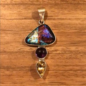 Large sterling, glass, amethyst & citrine pendant